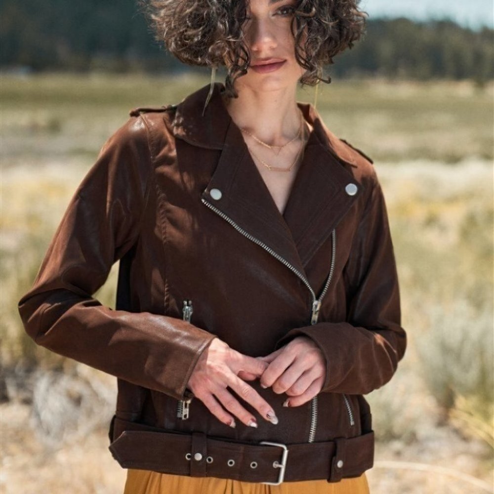 Brown Faux Suede Edgy Belted Hem Biker Jac
